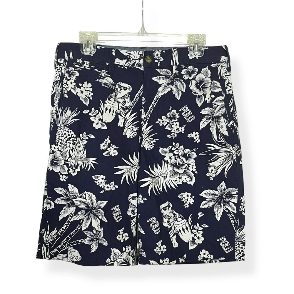 Polo Ralph Lauren Hawaiian Bear Shorts Mens 30 Navy White Print 100% Cotton